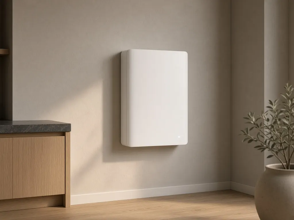 Illustratie van een merkloze witte thuisbatterij aan een rustige binnenwand