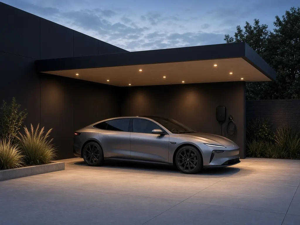 Illustratie van een merkloze elektrische auto die laadt onder een minimalistische carport