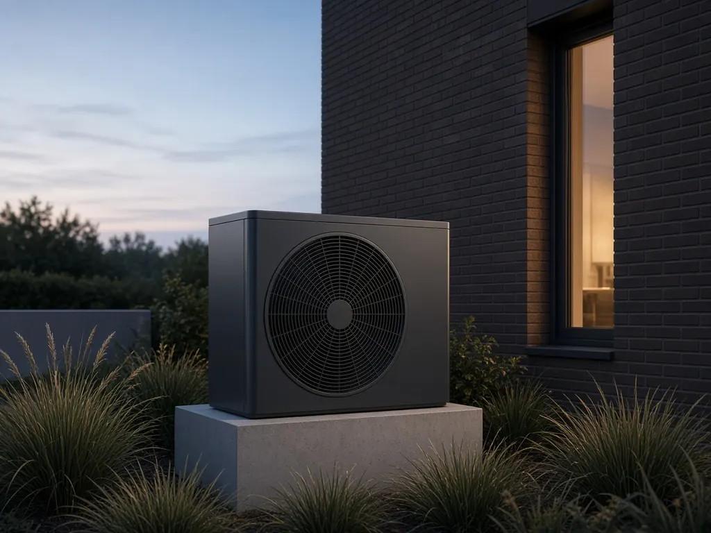 Illustratie van een merkloze buitenunit van een warmtepomp naast een donker bakstenen huis
