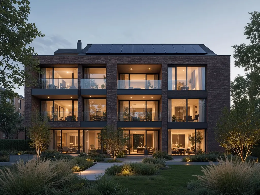 Illustratie van een modern bakstenen appartementengebouw met balkons en zonnepanelen op het dak