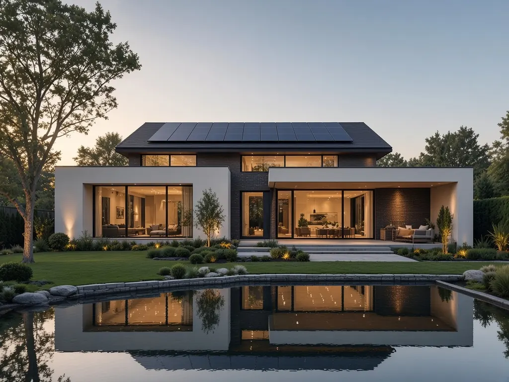 Illustratie van een moderne vrijstaande villa met zonnepanelen naast een spiegelvijver