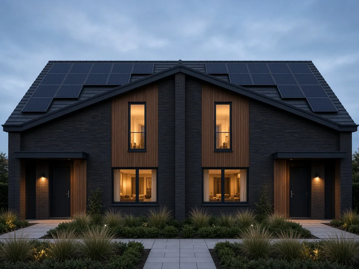 Illustratie van twee gespiegelde moderne twee-onder-een-kapwoningen onder één dak, met zonnepanelen in de schemering