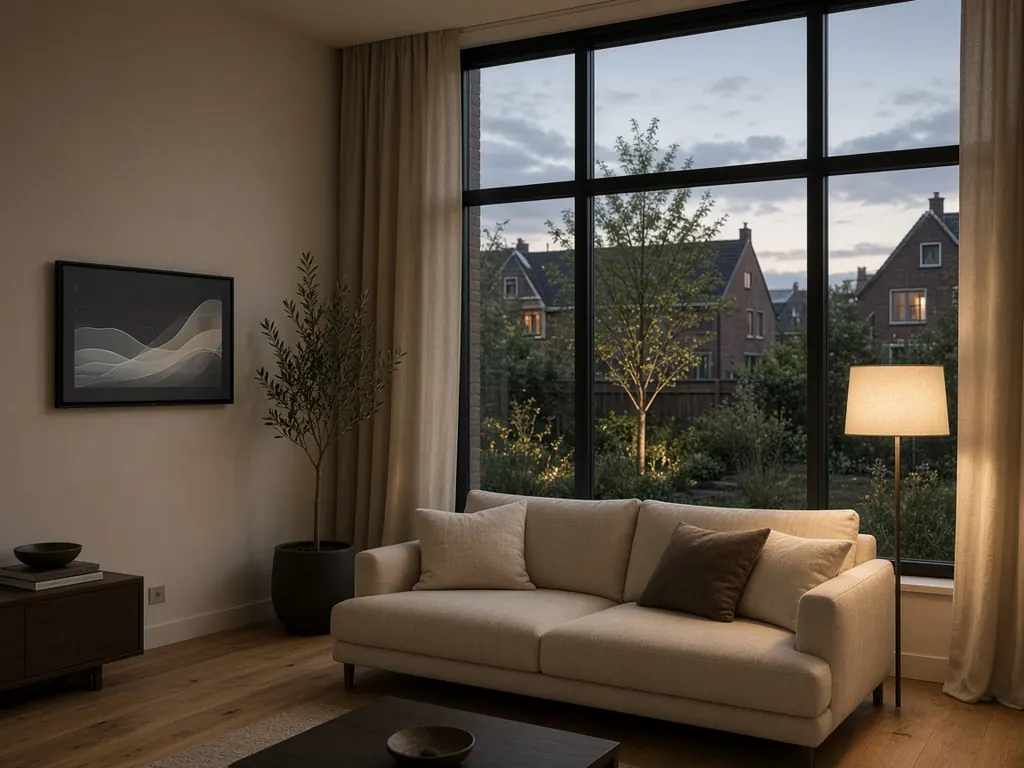 Illustratie van een rustige woonkamer in de schemering met een abstract energiedisplay aan de wand