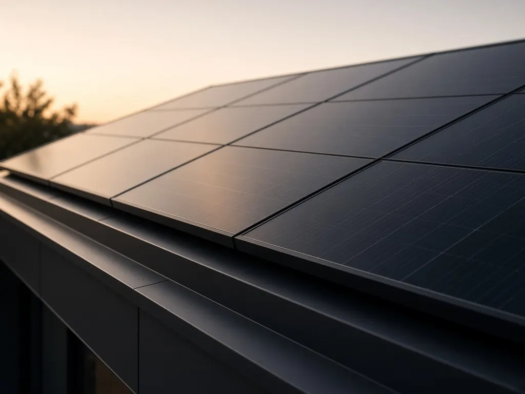 Illustratie van strakke zwarte zonnepanelen op een dakrand in de schemering